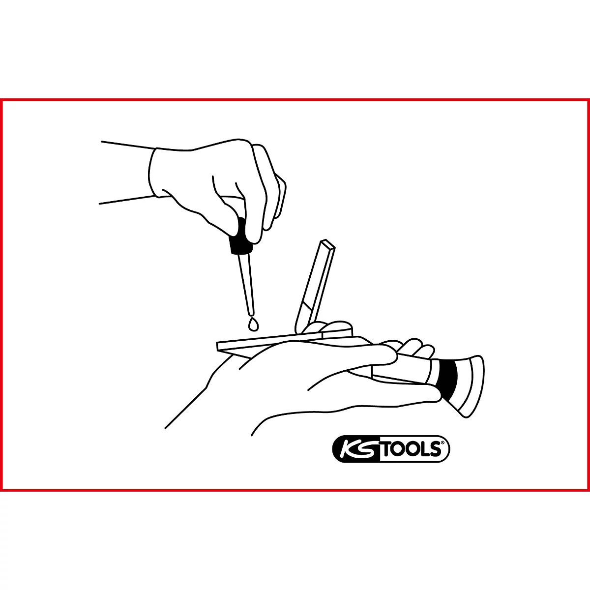 Zwei Hände halten ein Gerät und eine Pipette, aus der ein Tropfen auf das Gerät fällt. Das Logo von KS TOOLS ist unten rechts.